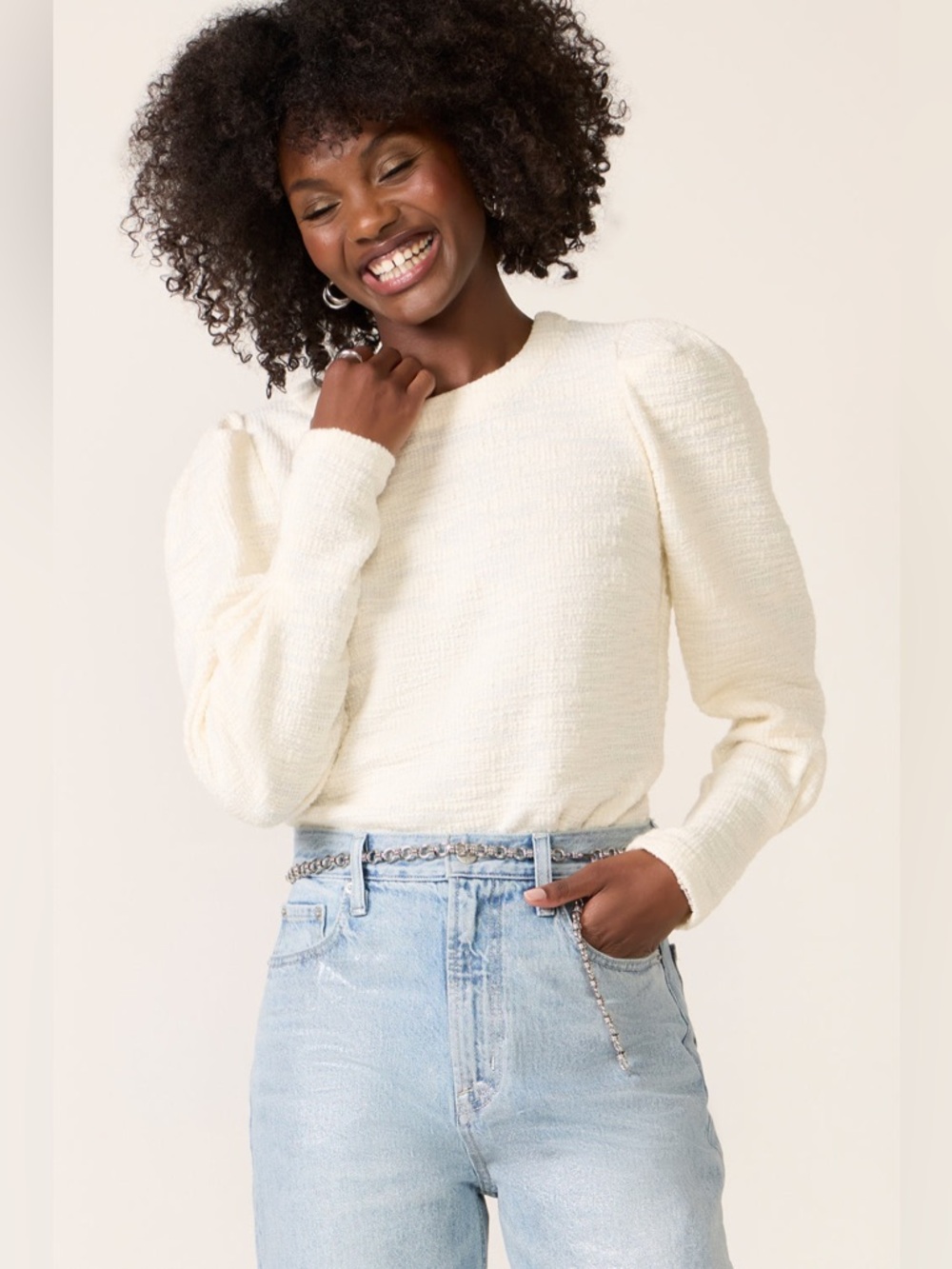 Evereve Polly Knit Tweed Ecru Feminine Puff Sleeves Back Key Hole L/S Top Sz L